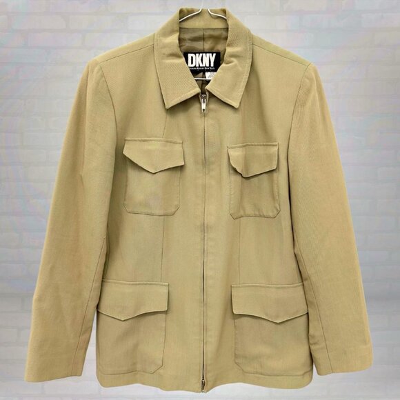 Vintage DKNY Utility Jacket, 90s Khaki Zip Up Blazer, Smart Casual Layer, Size 4 - Picture 1 of 4